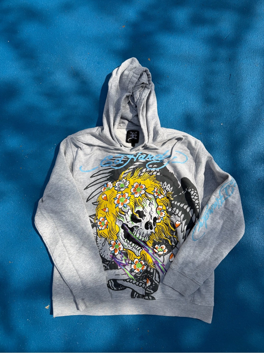 Ed Hardy Gray Crewneck Hoodie with Yellow Floral Skull Graphic